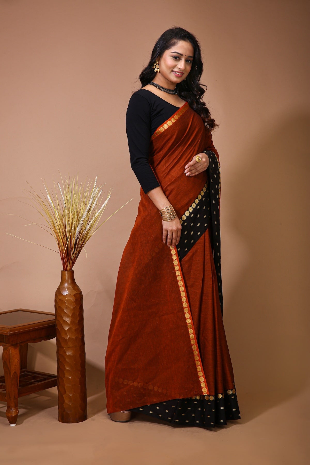 Sitara - Orange Cotton Self Design Saree