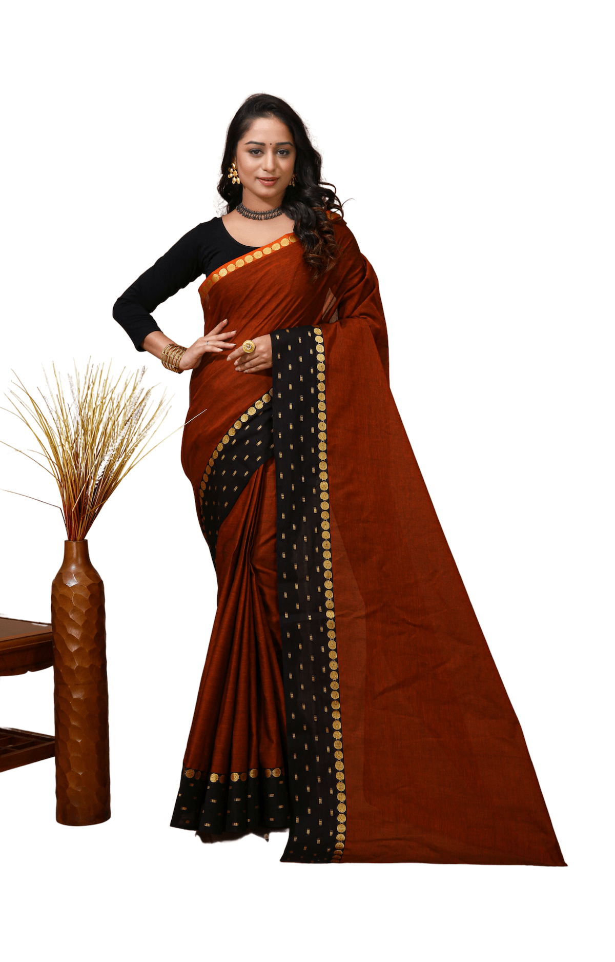 Sitara - Orange Cotton Self Design Saree