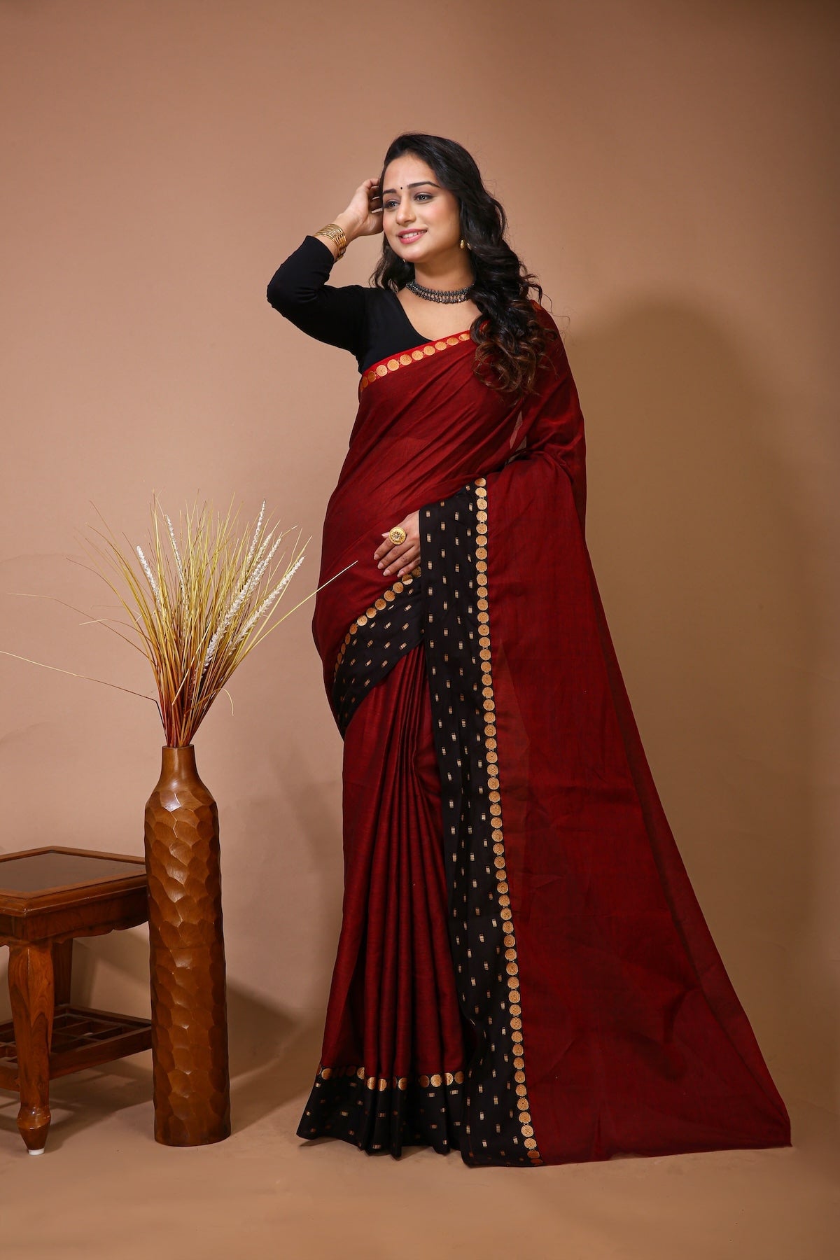 Sitara - Red Cotton Self Design Saree