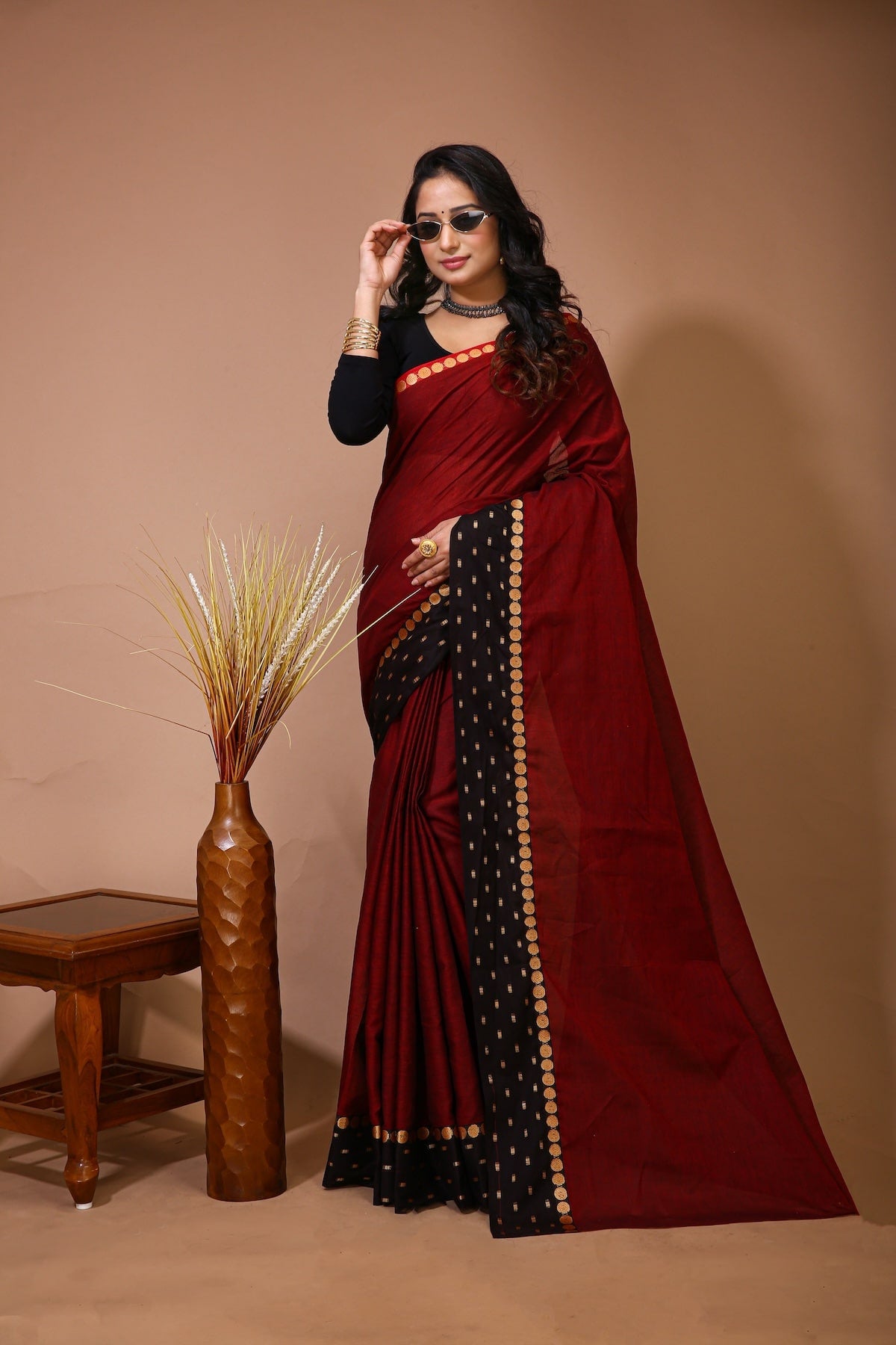 Sitara - Red Cotton Self Design Saree