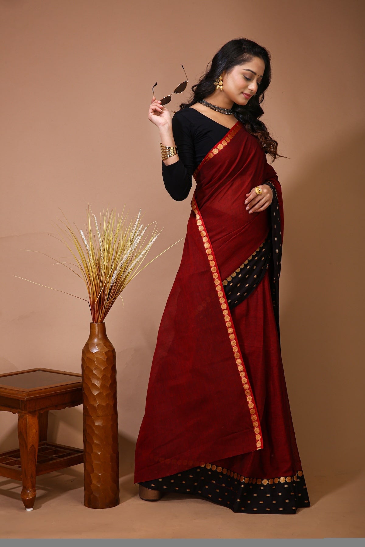 Sitara - Red Cotton Self Design Saree