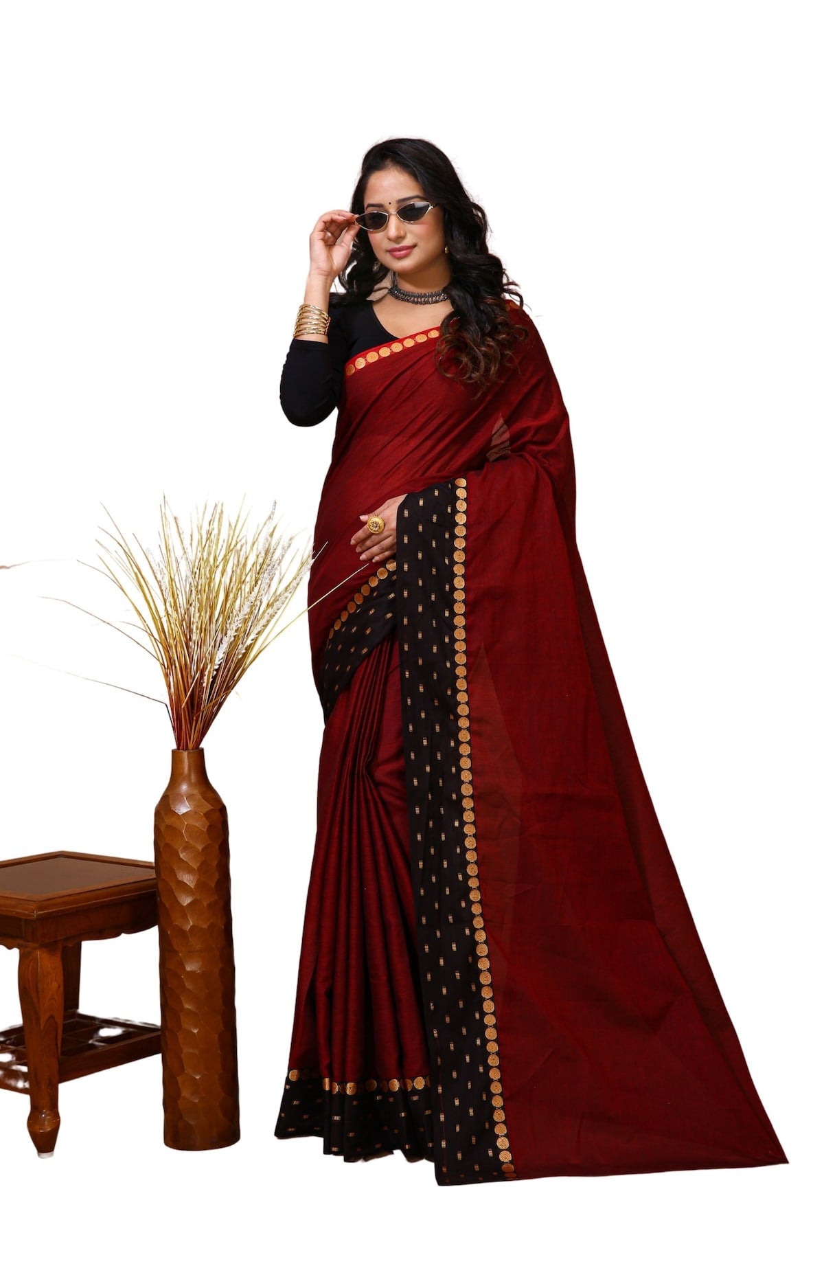 Sitara - Red Cotton Self Design Saree
