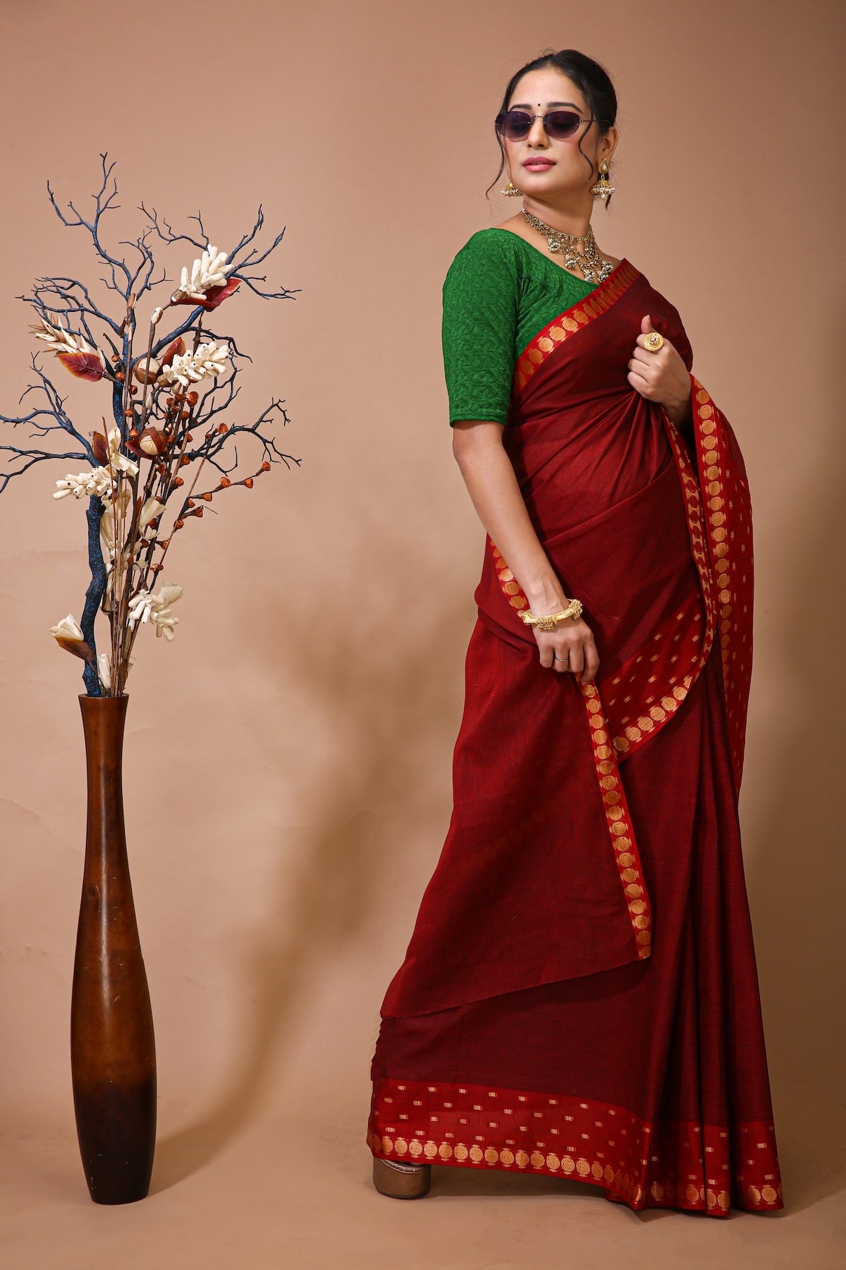 Tarini - Red Cotton Embellished Saree