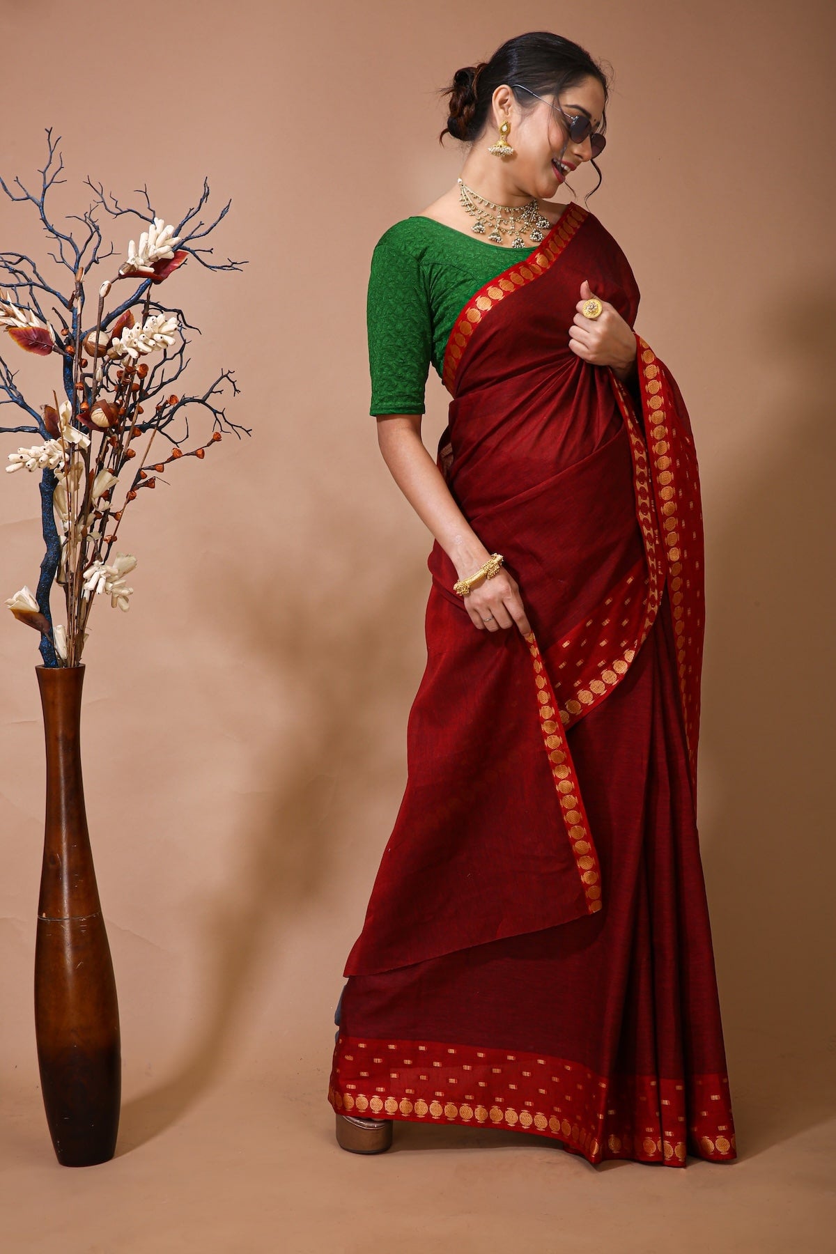 Tarini - Red Cotton Embellished Saree