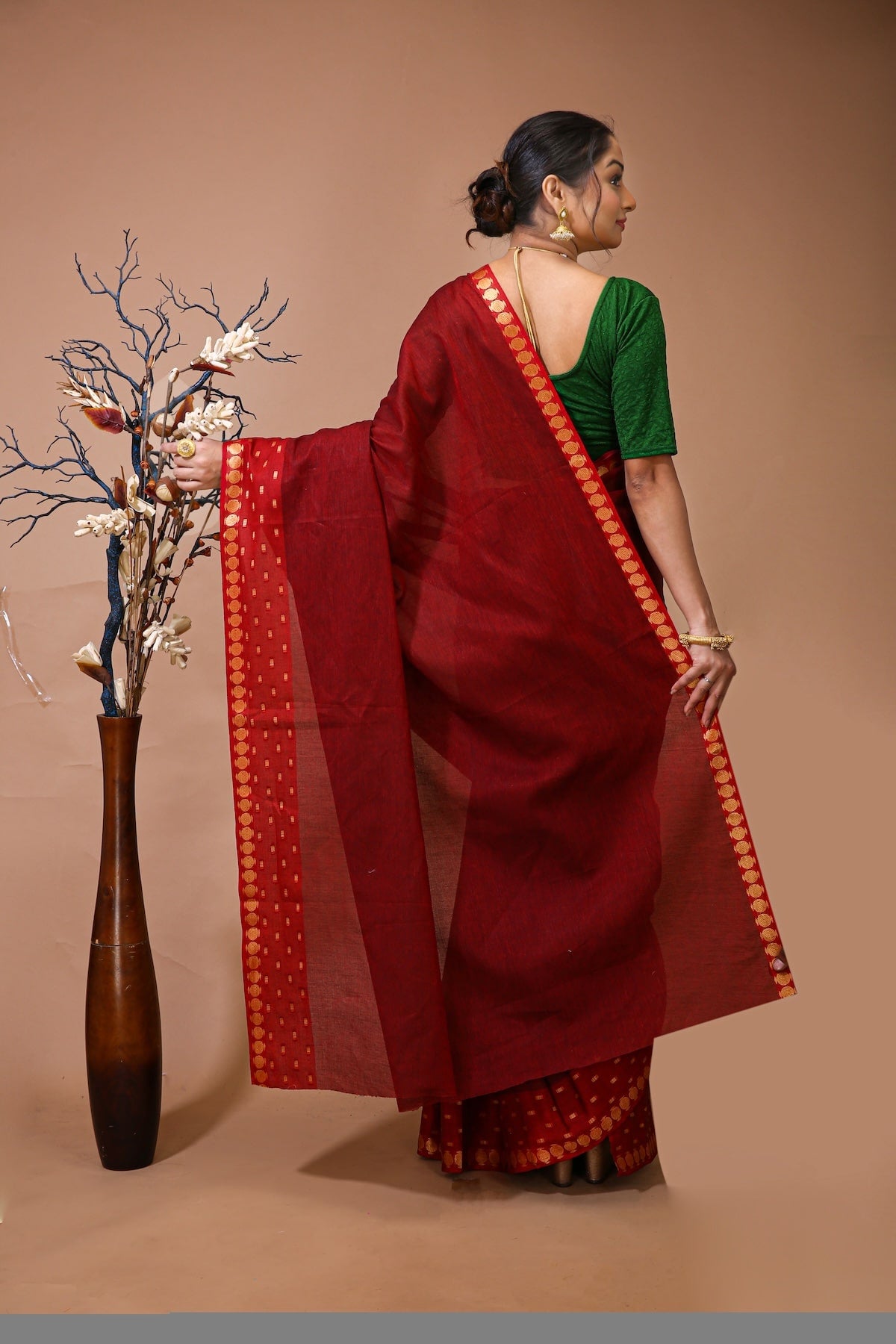 Tarini - Red Cotton Embellished Saree