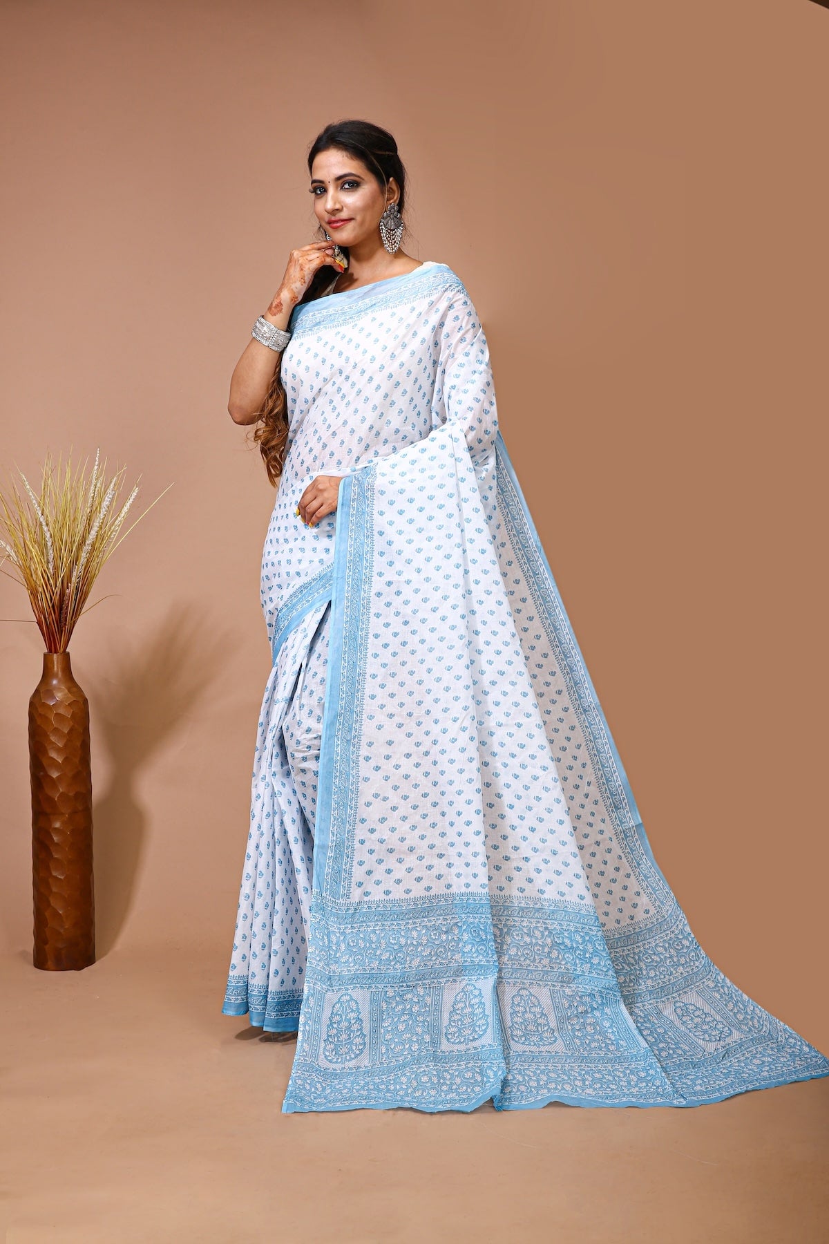 Palash - White Blue Cotton Butti Saree