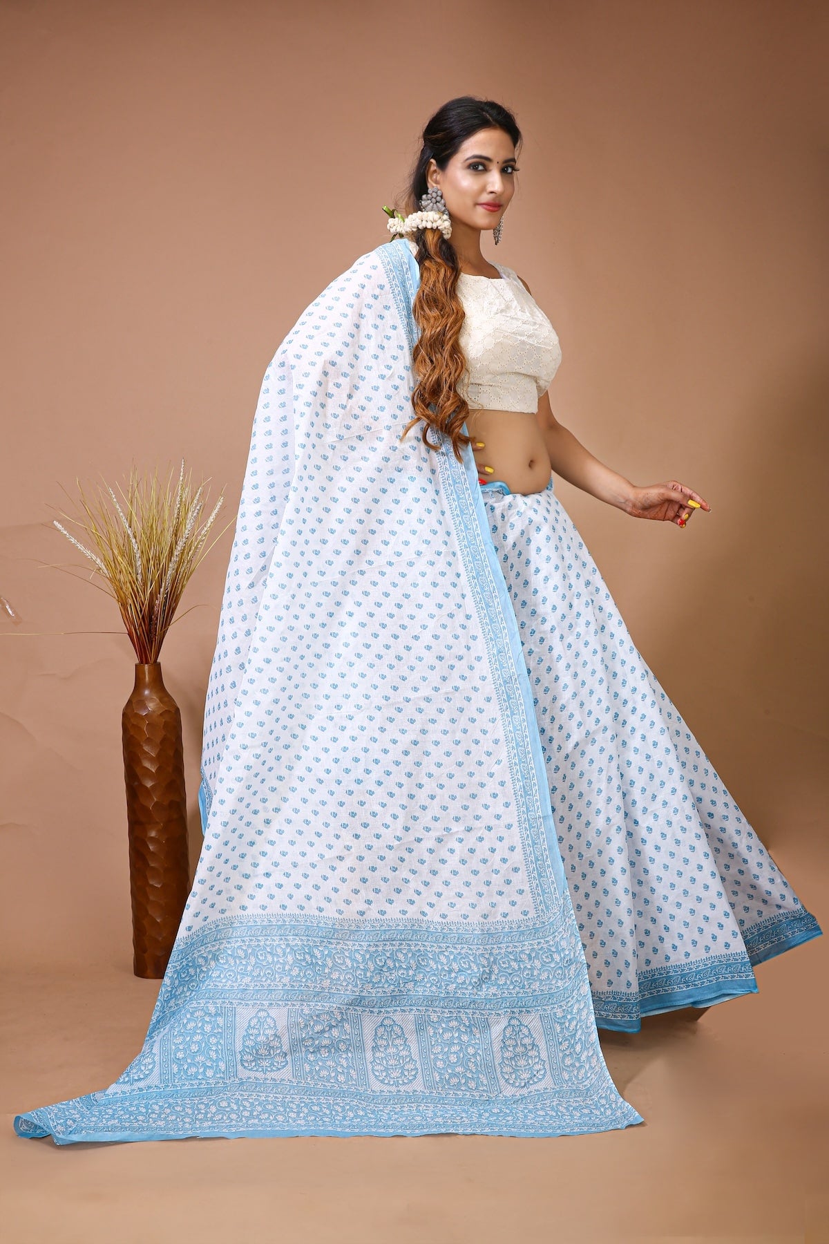 Palash - White Blue Cotton Butti Saree