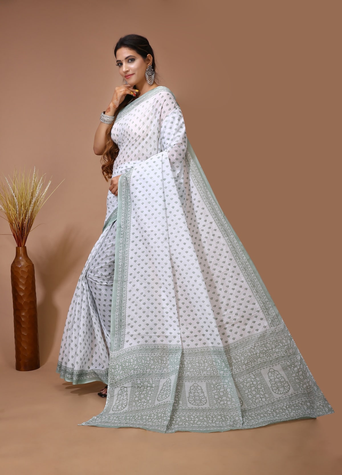 Palash - White Olive Cotton Butti Print Saree