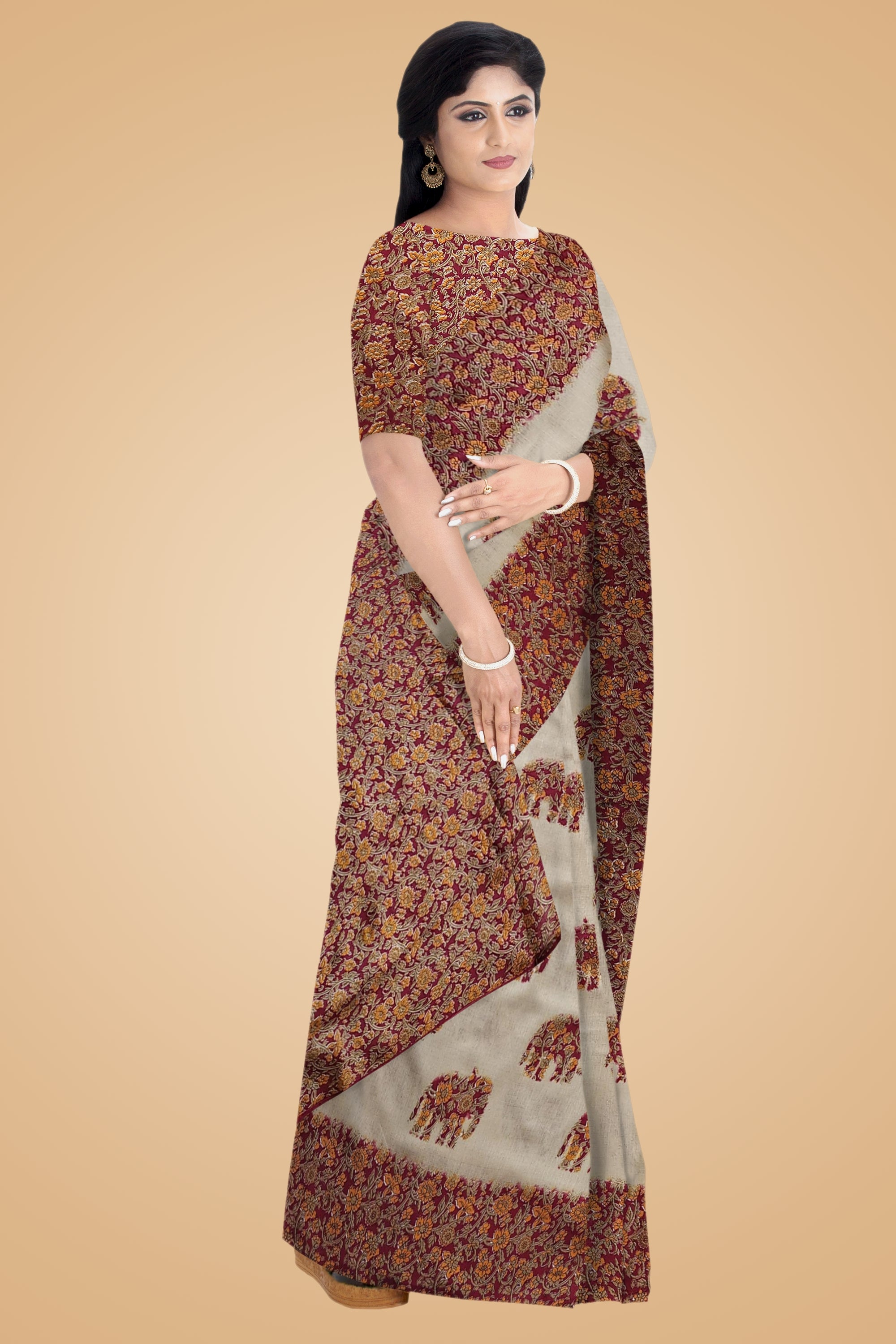 Resham - Orange Cream Art Silk Printed Saree