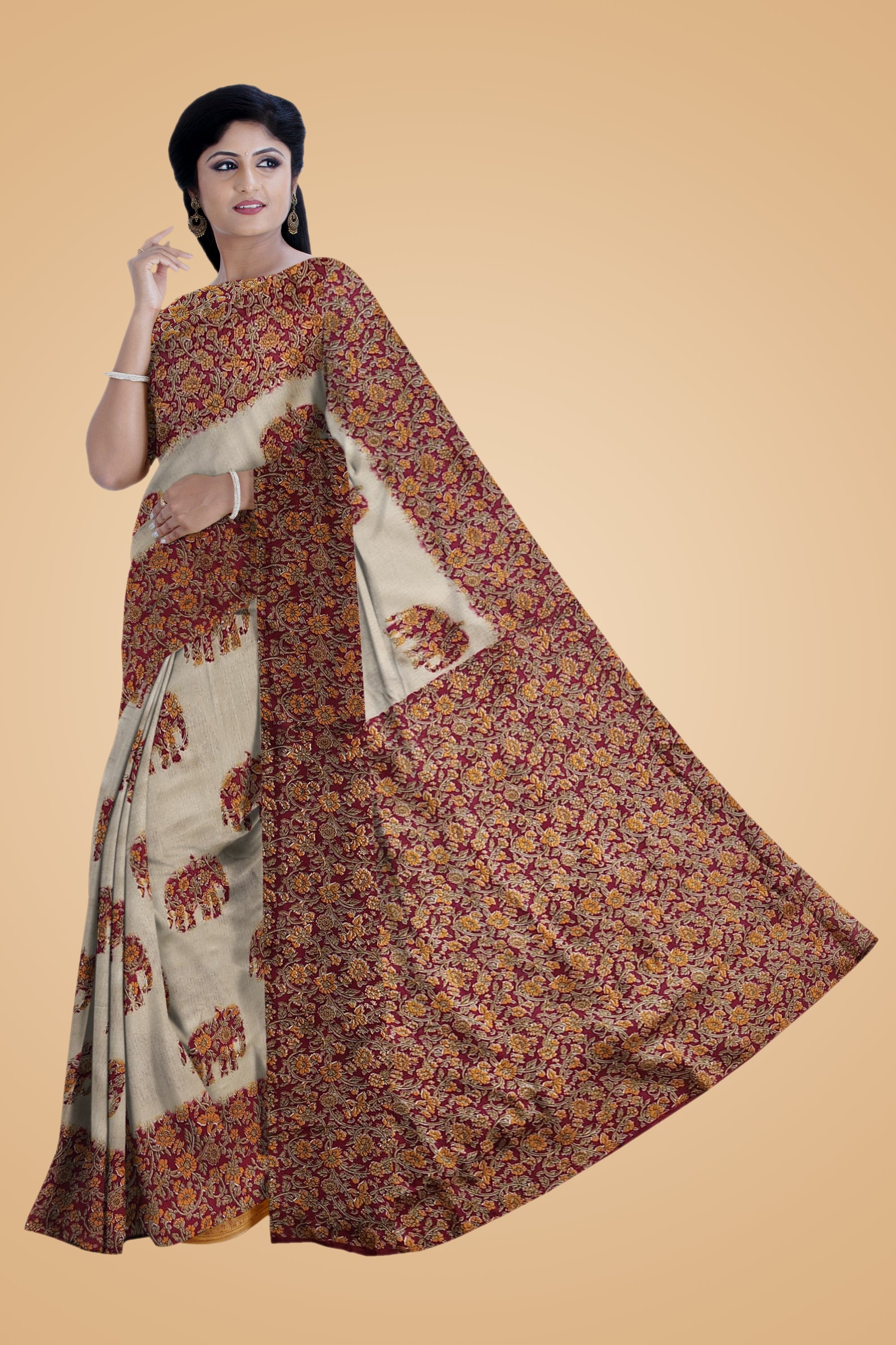 Resham - Orange Cream Art Silk Printed Saree