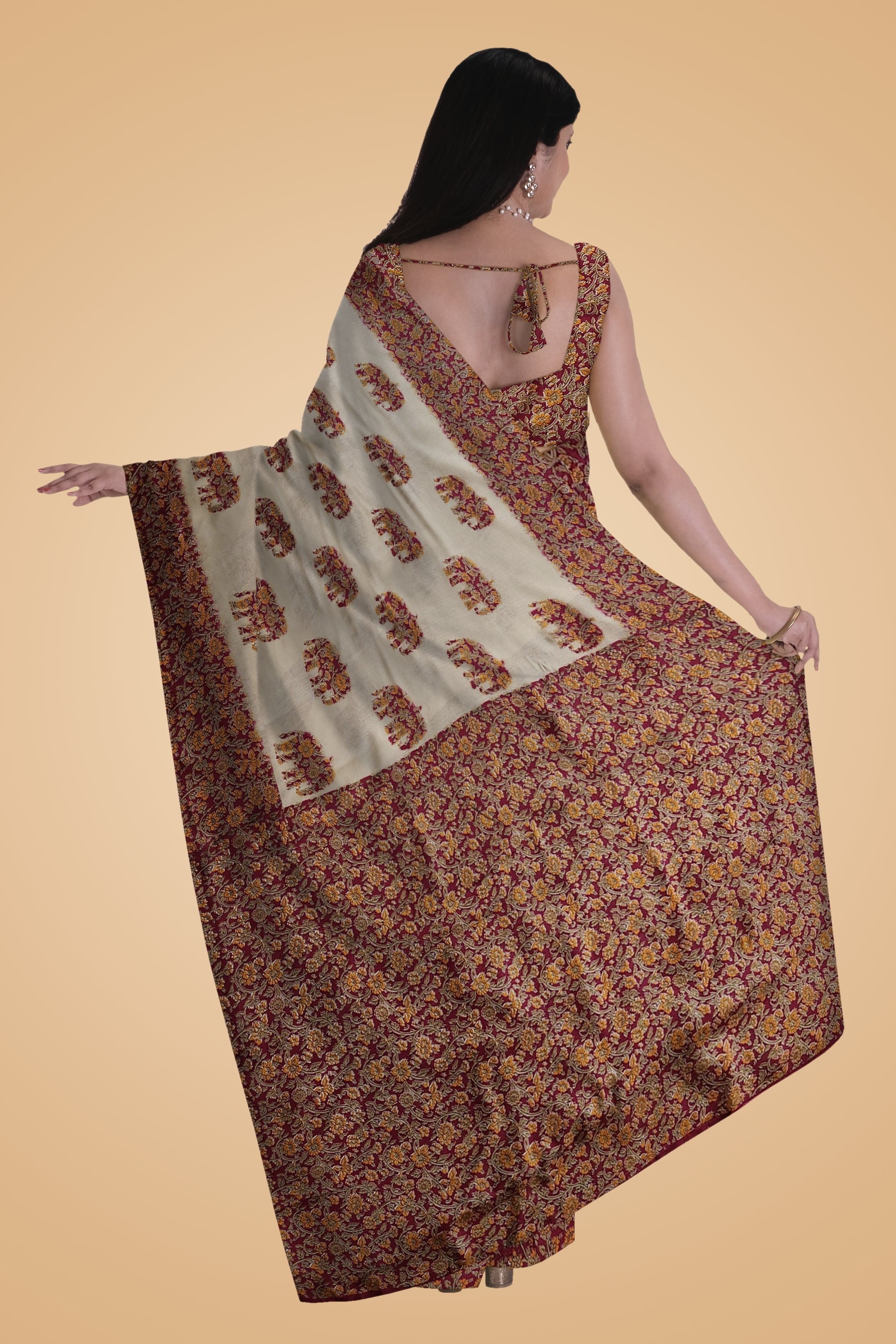 Resham - Orange Cream Art Silk Printed Saree