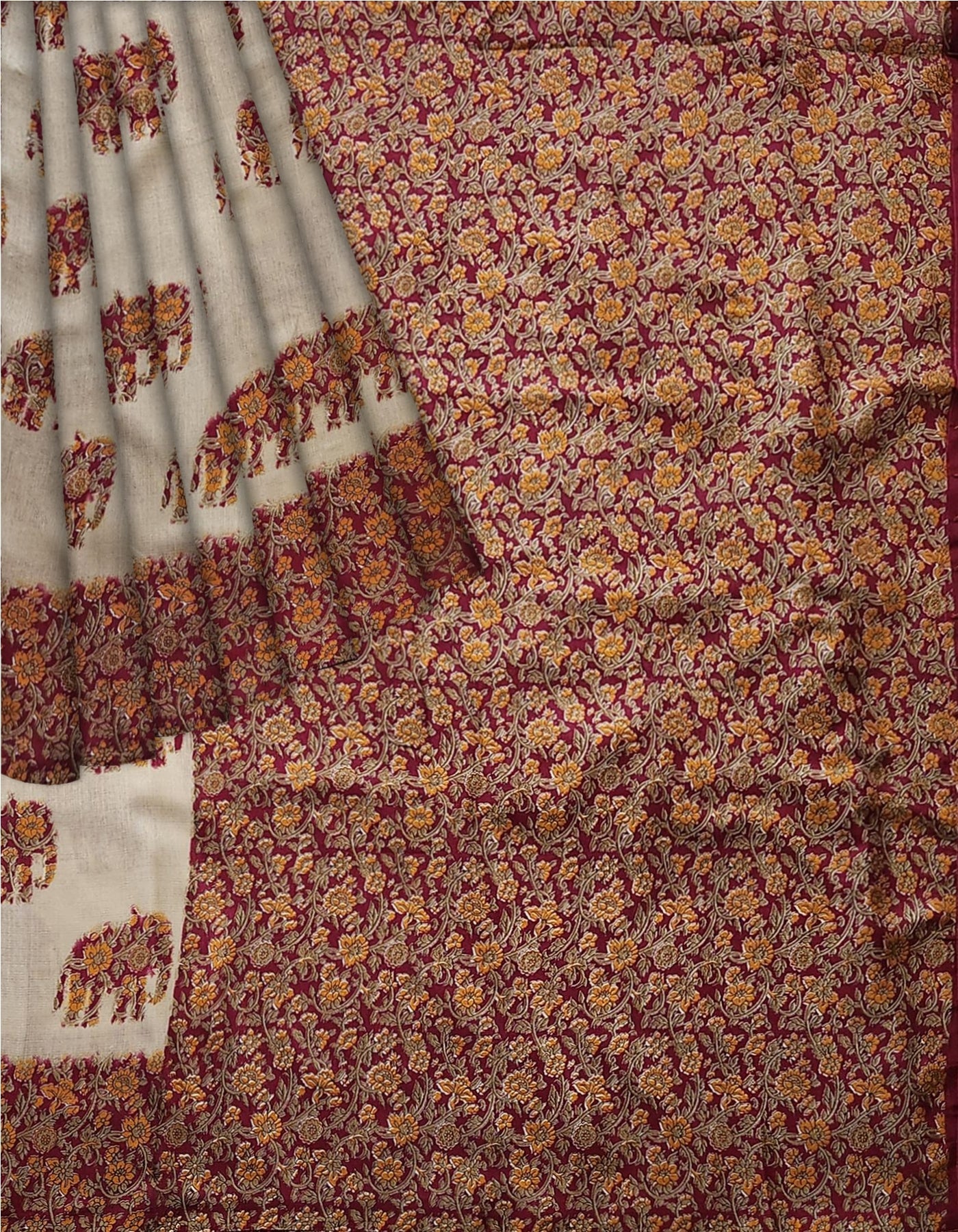 Resham - Orange Cream Art Silk Printed Saree