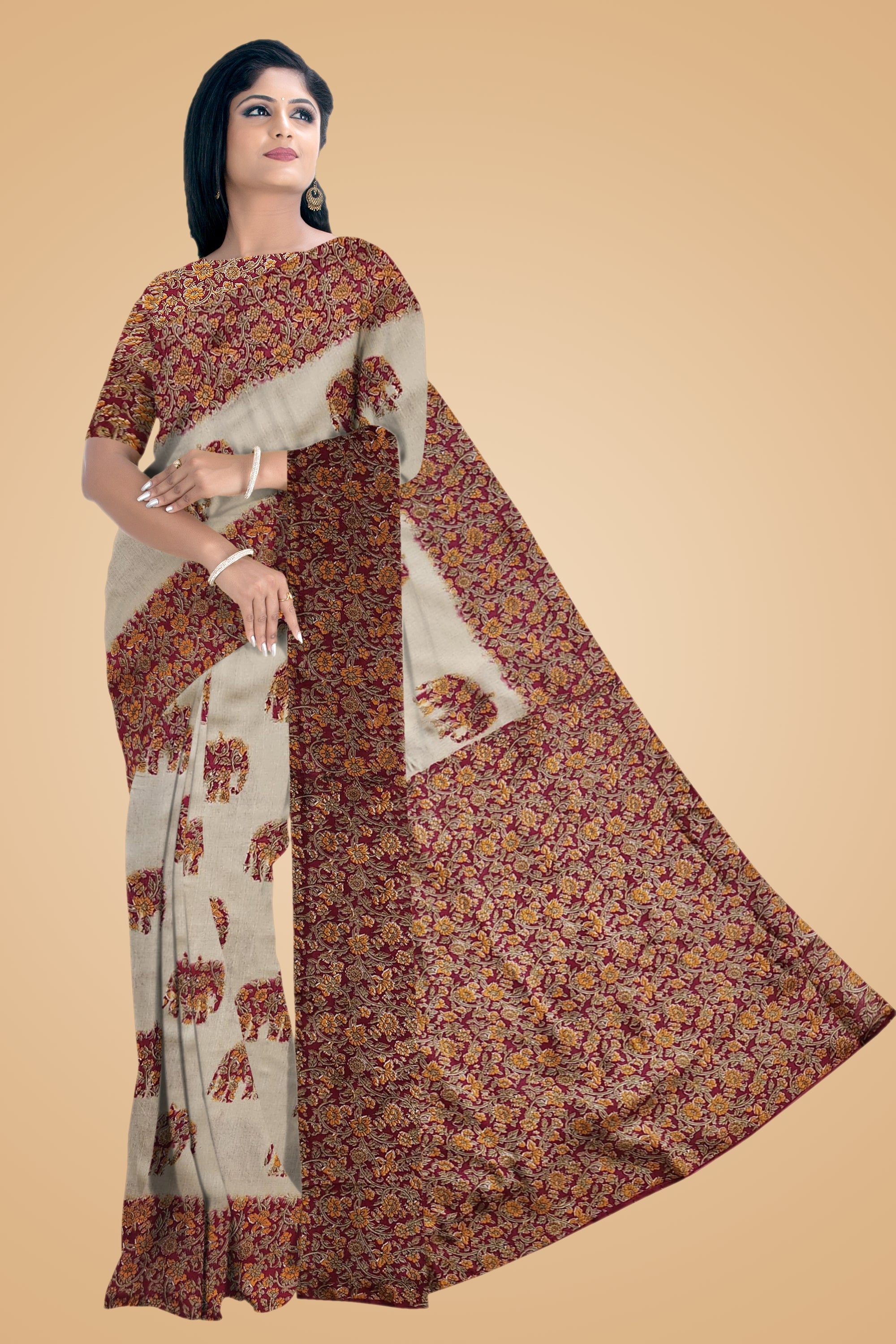 Resham - Orange Cream Art Silk Printed Saree