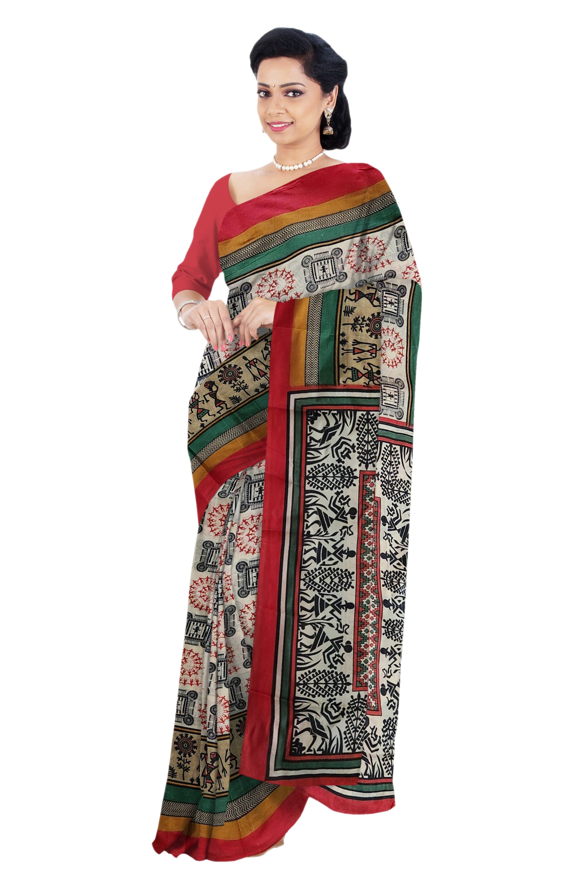 Chitrakala - Cream Red Warli Print Cotton Saree