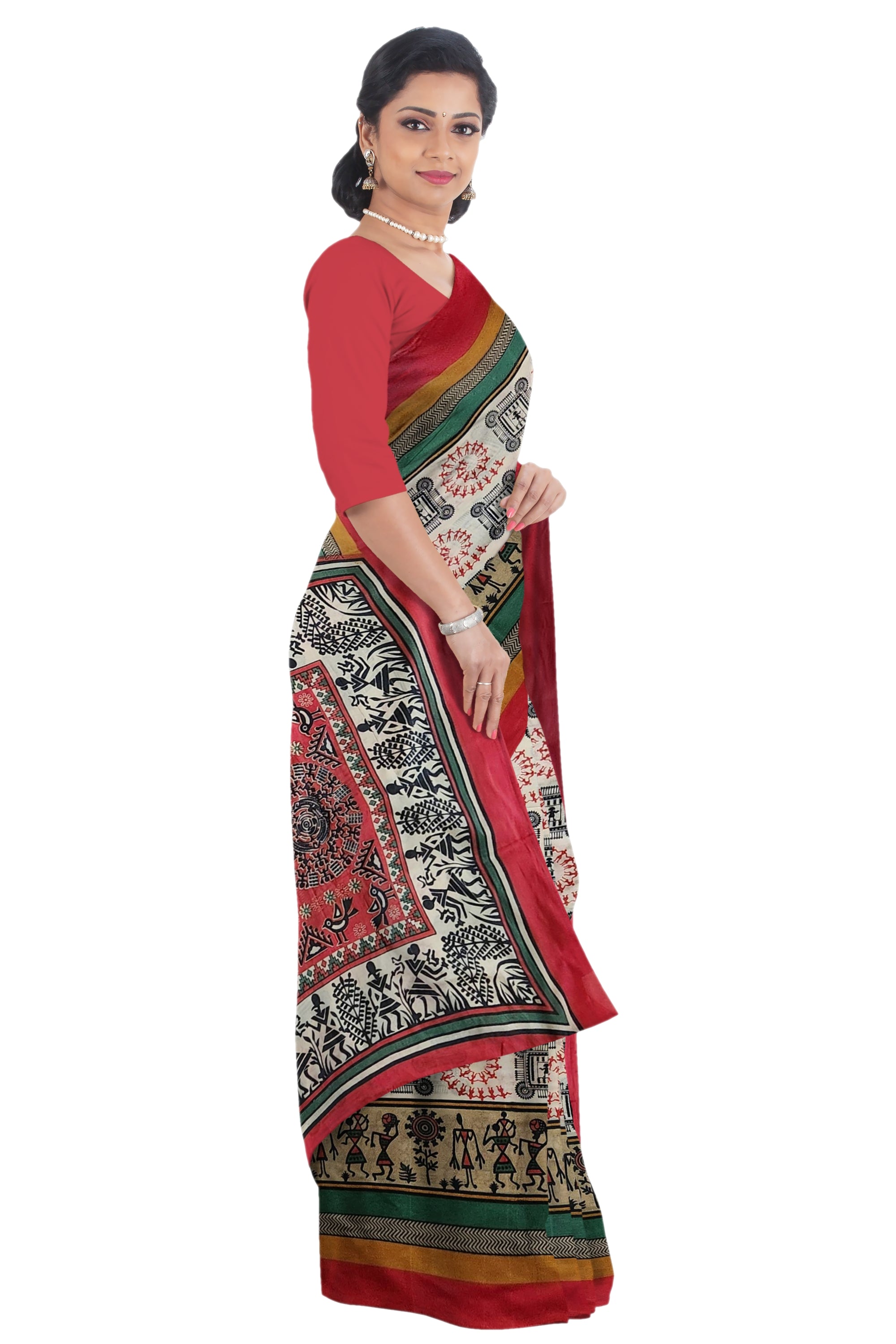 Chitrakala - Cream Red Warli Print Cotton Saree