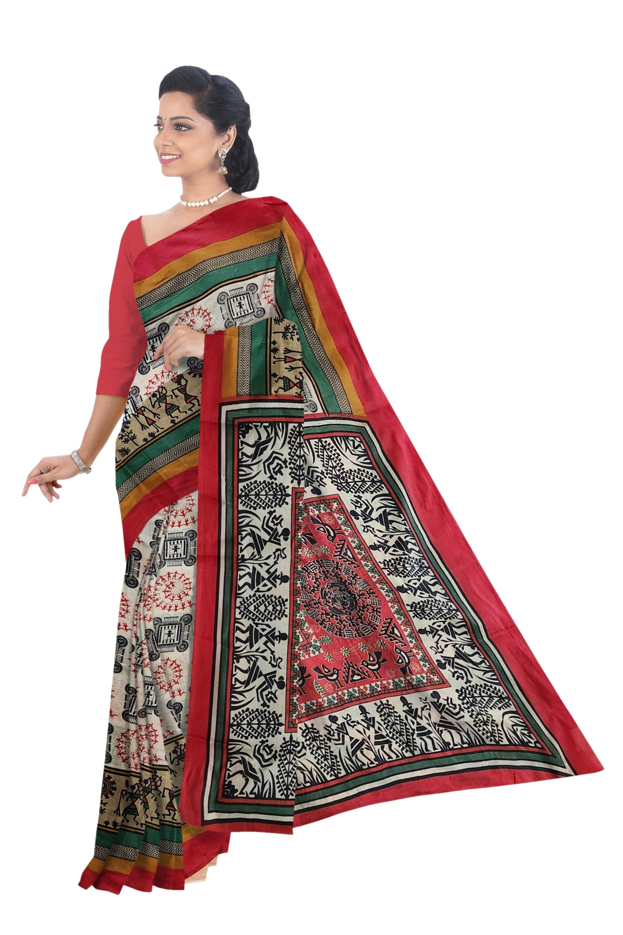 Chitrakala - Cream Red Warli Print Cotton Saree