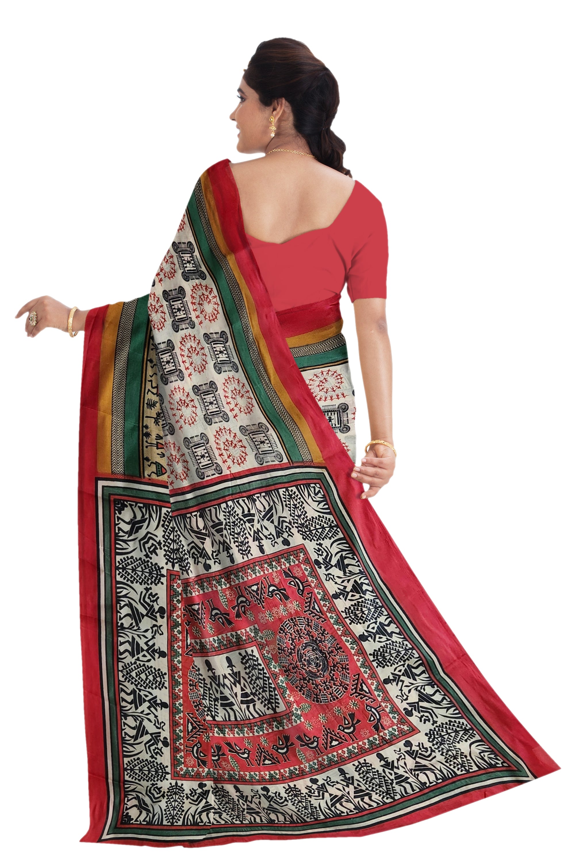 Chitrakala - Cream Red Warli Print Cotton Saree
