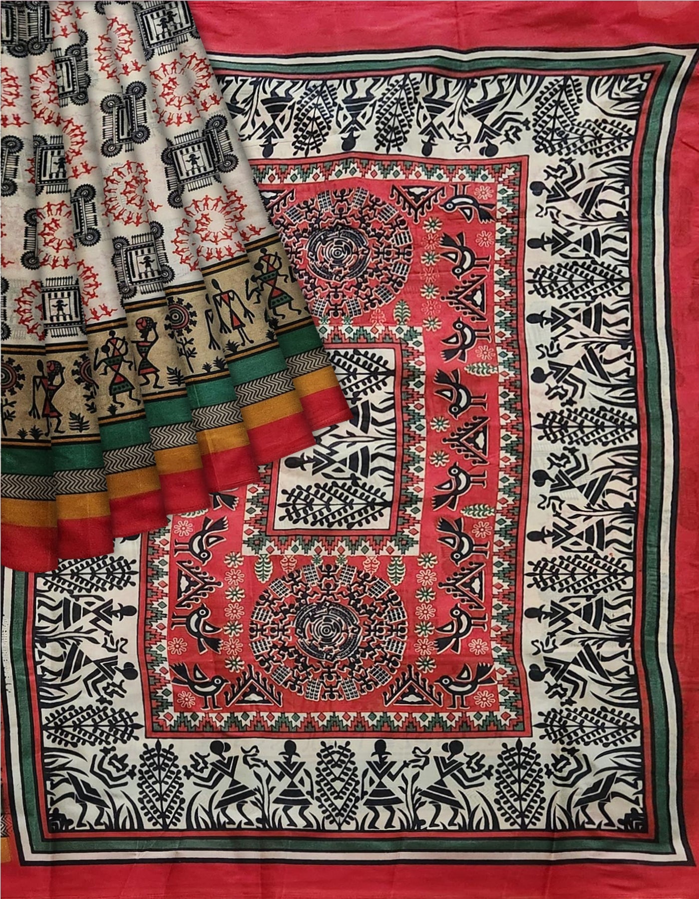 Chitrakala - Cream Red Warli Print Cotton Saree