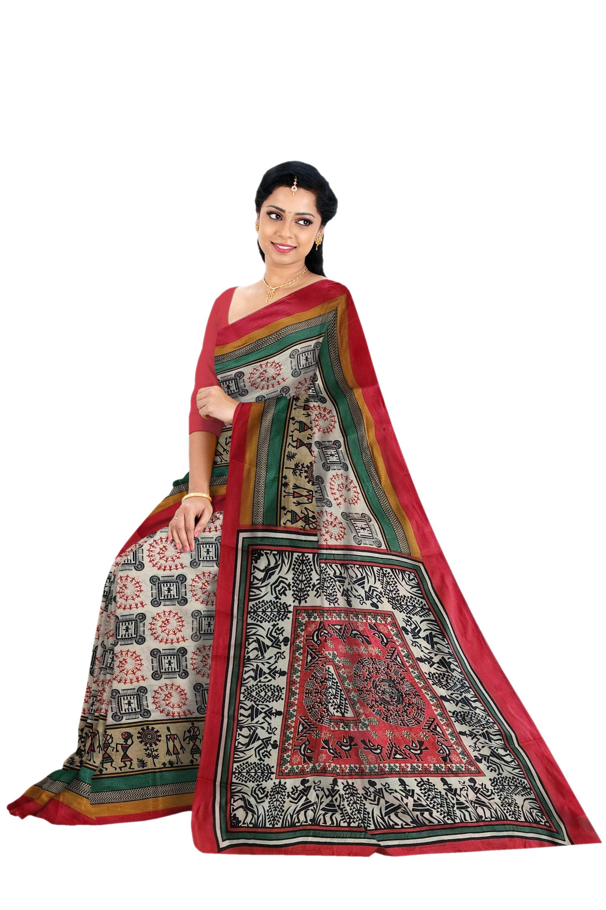 Chitrakala - Cream Red Warli Print Cotton Saree