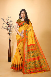 Vatika - Yellow Cotton Deer Print Saree