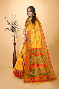 Vatika - Yellow Cotton Deer Print Saree