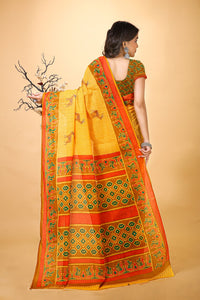 Vatika - Yellow Cotton Deer Print Saree