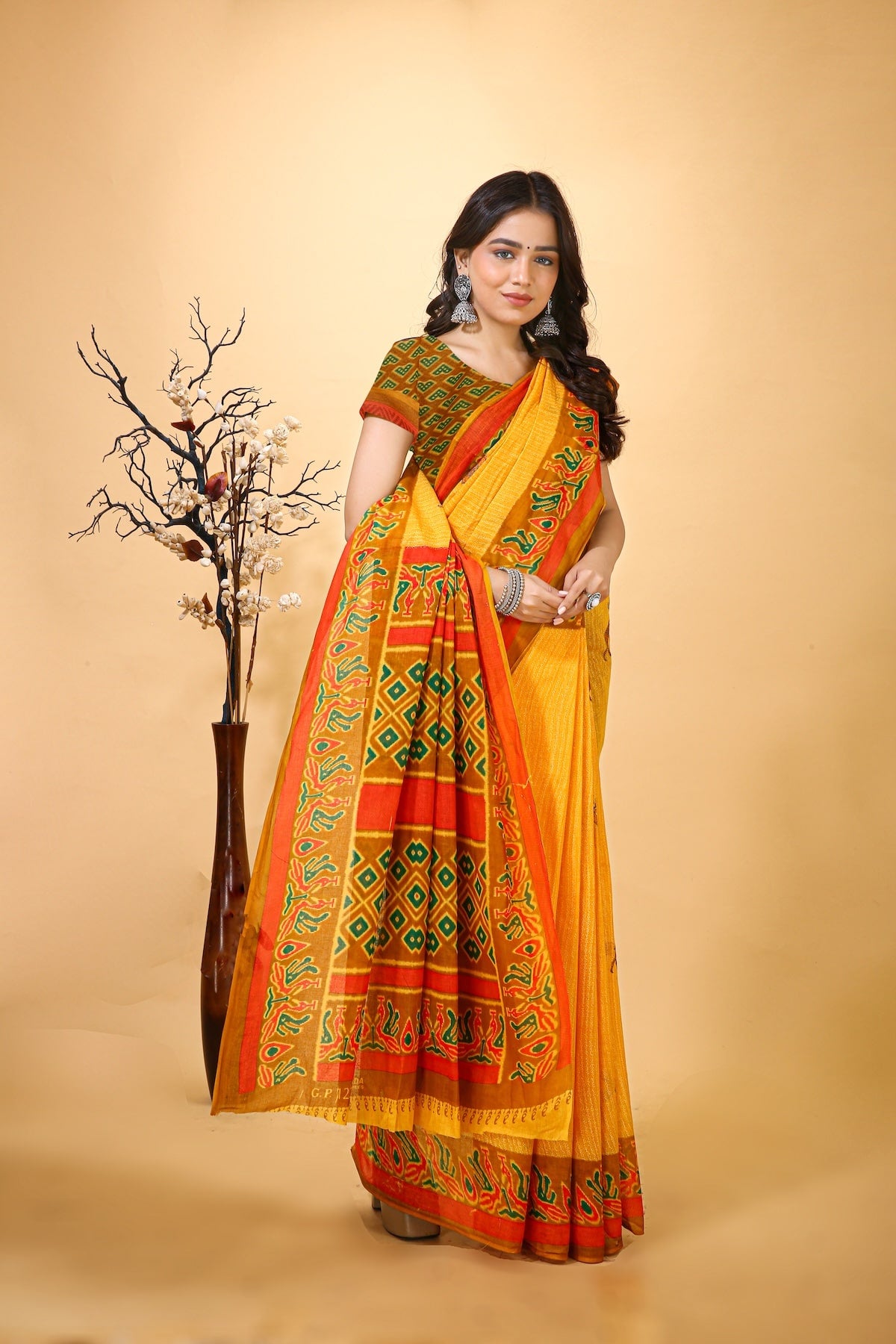 Vatika - Yellow Cotton Deer Print Saree