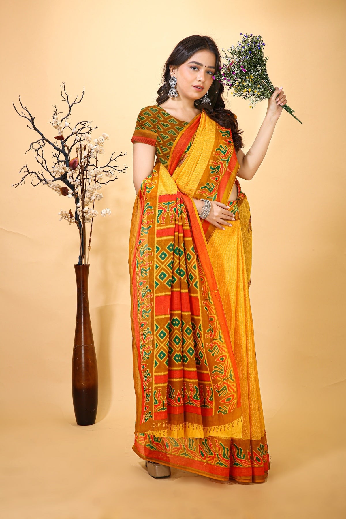 Vatika - Yellow Cotton Deer Print Saree