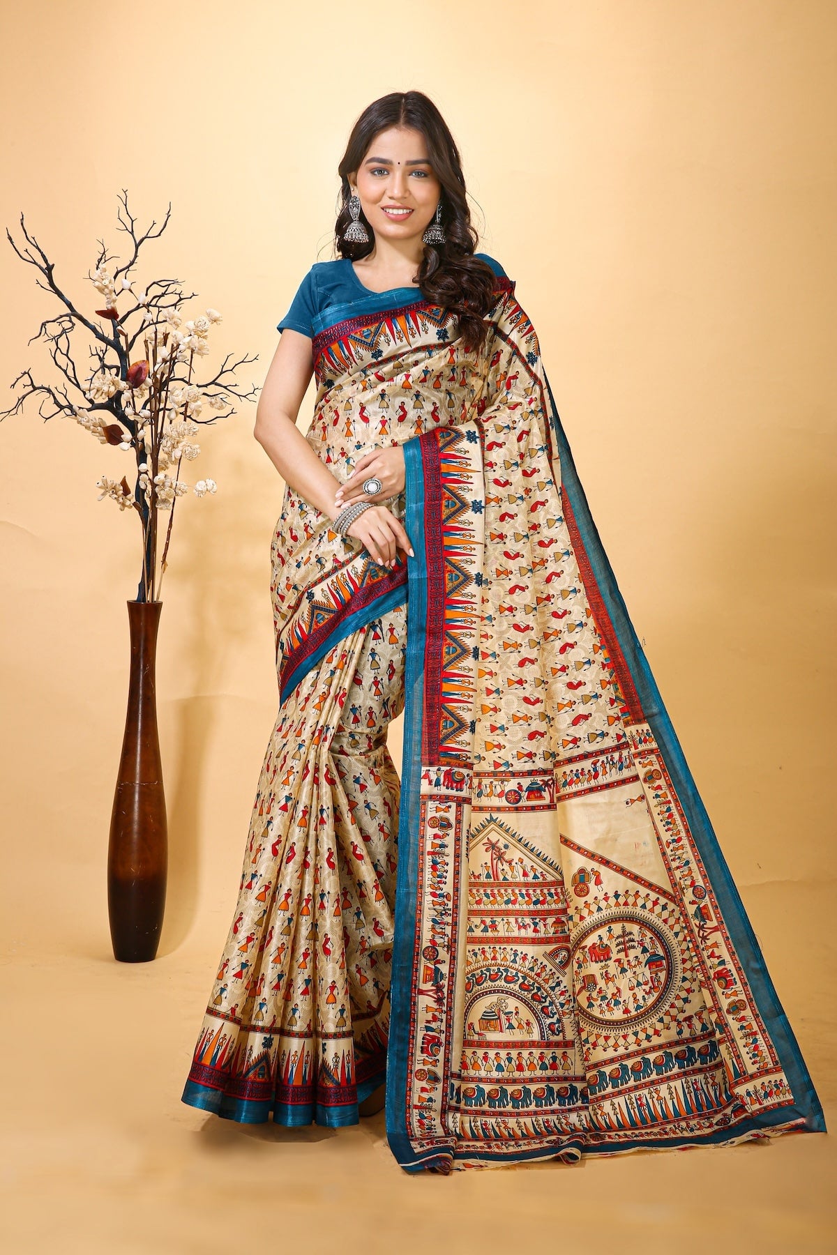 Chitrakala - Cream Blue Warli Print Cotton Saree