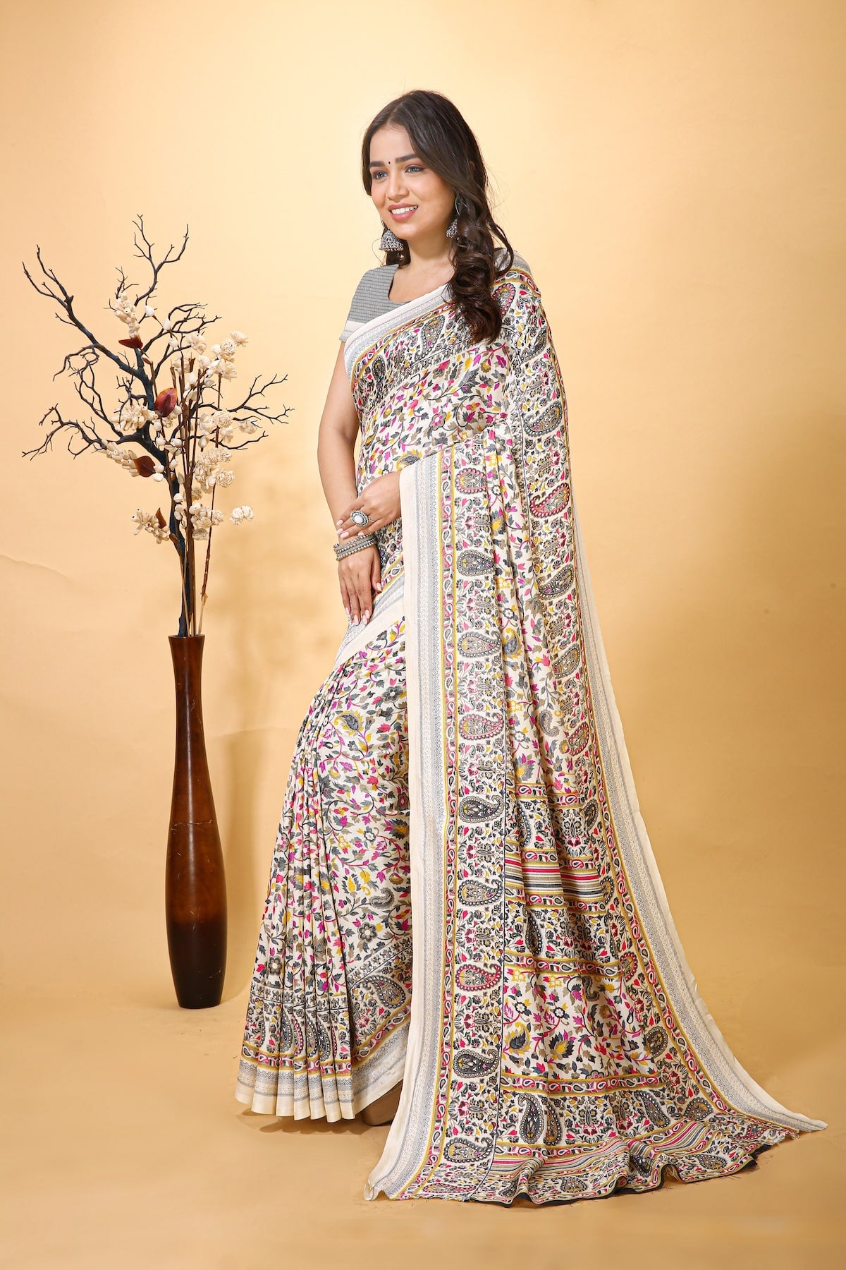 Hans - Green White Pashmina Printed Saree