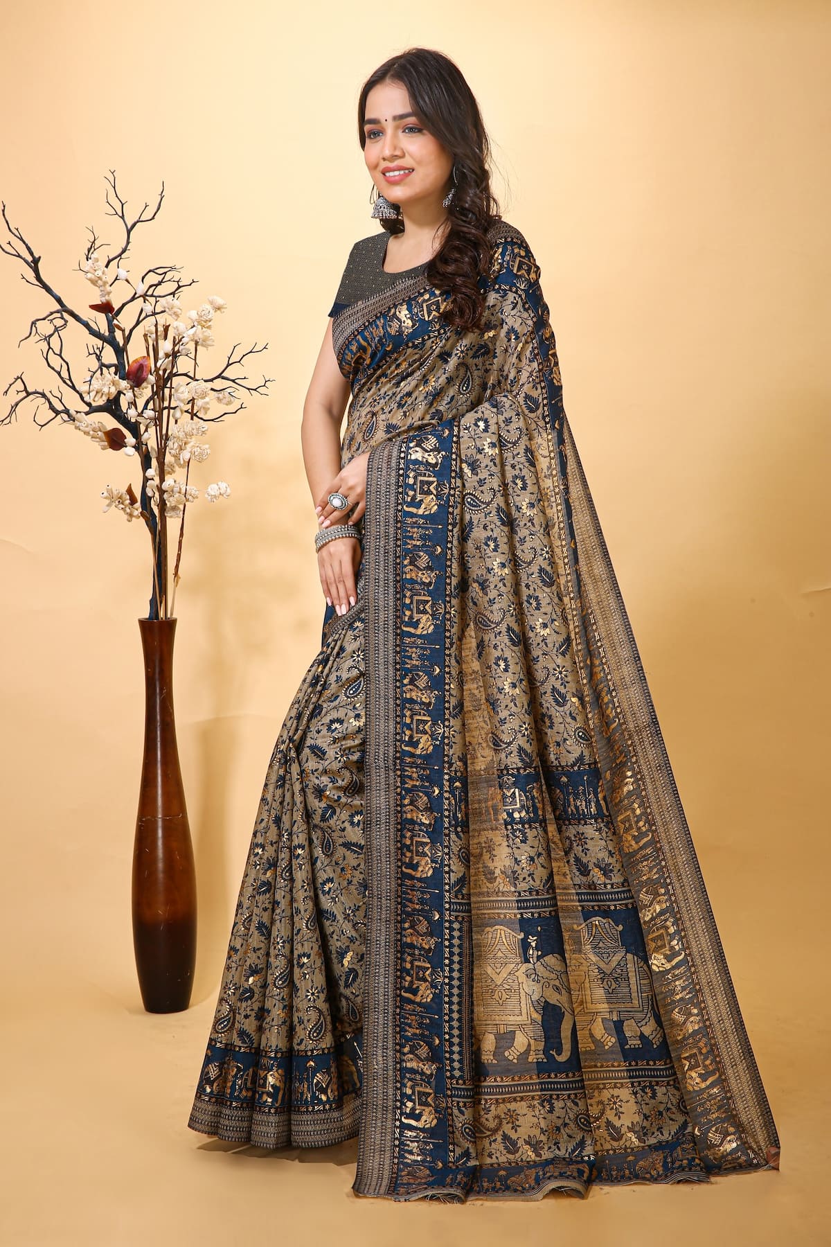 Sunehra - Black Gold Cotton Printed Saree