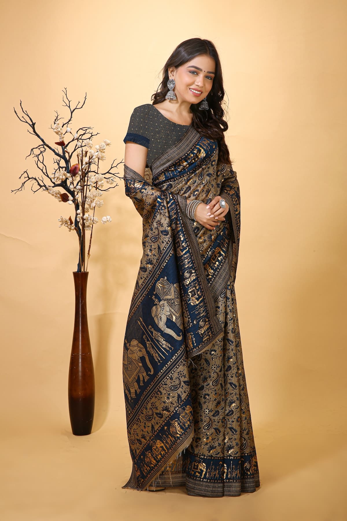 Sunehra - Black Gold Cotton Printed Saree