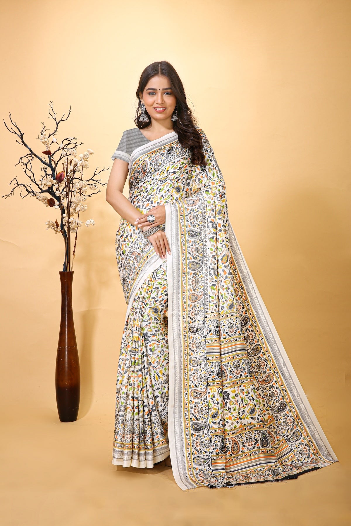 Hans - Yellow White Pashmina Printed Saree