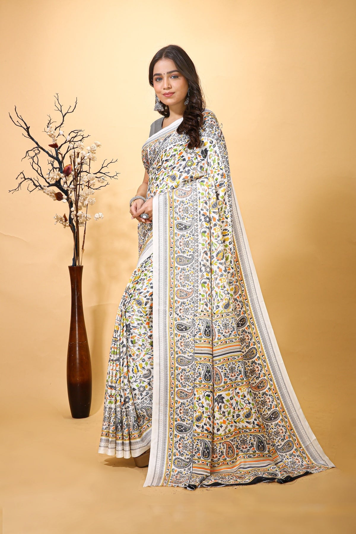 Hans - Yellow White Pashmina Printed Saree