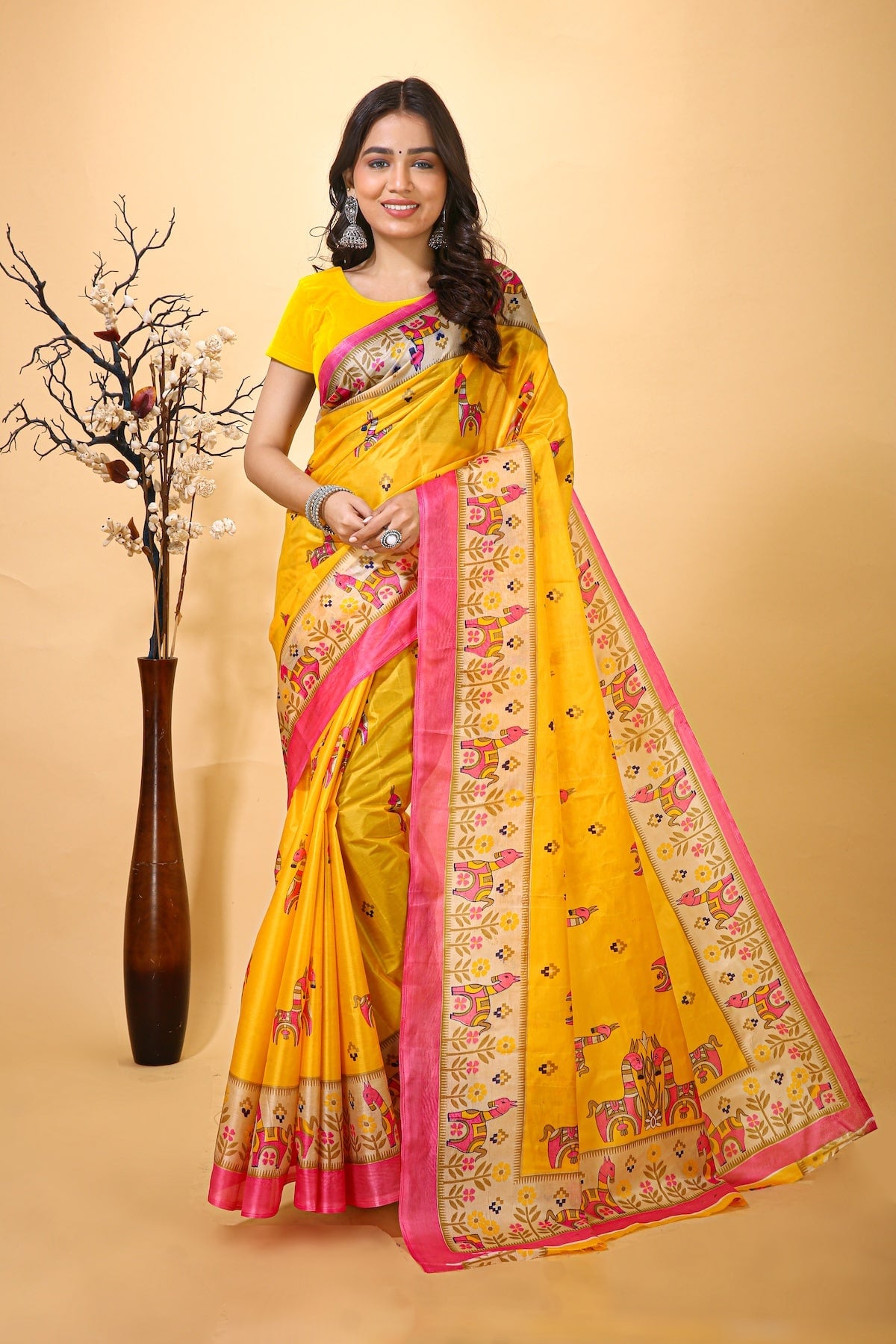 Alankriti - Yellow Cotton Horse Print Saree