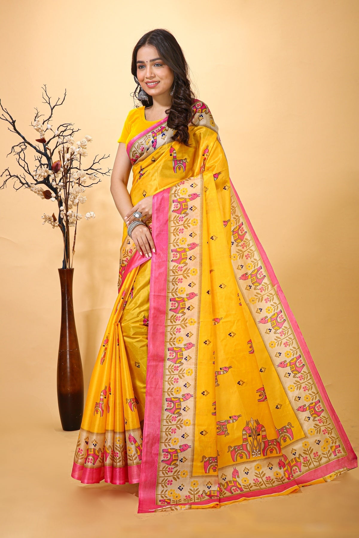 Alankriti - Yellow Cotton Horse Print Saree