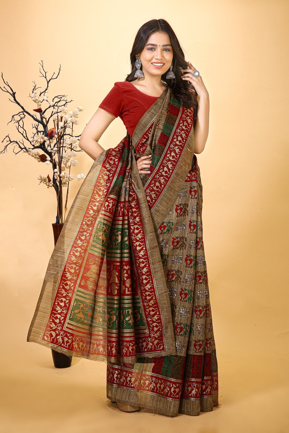 Kiran - Bronze Warli Print Cotton Blend Saree