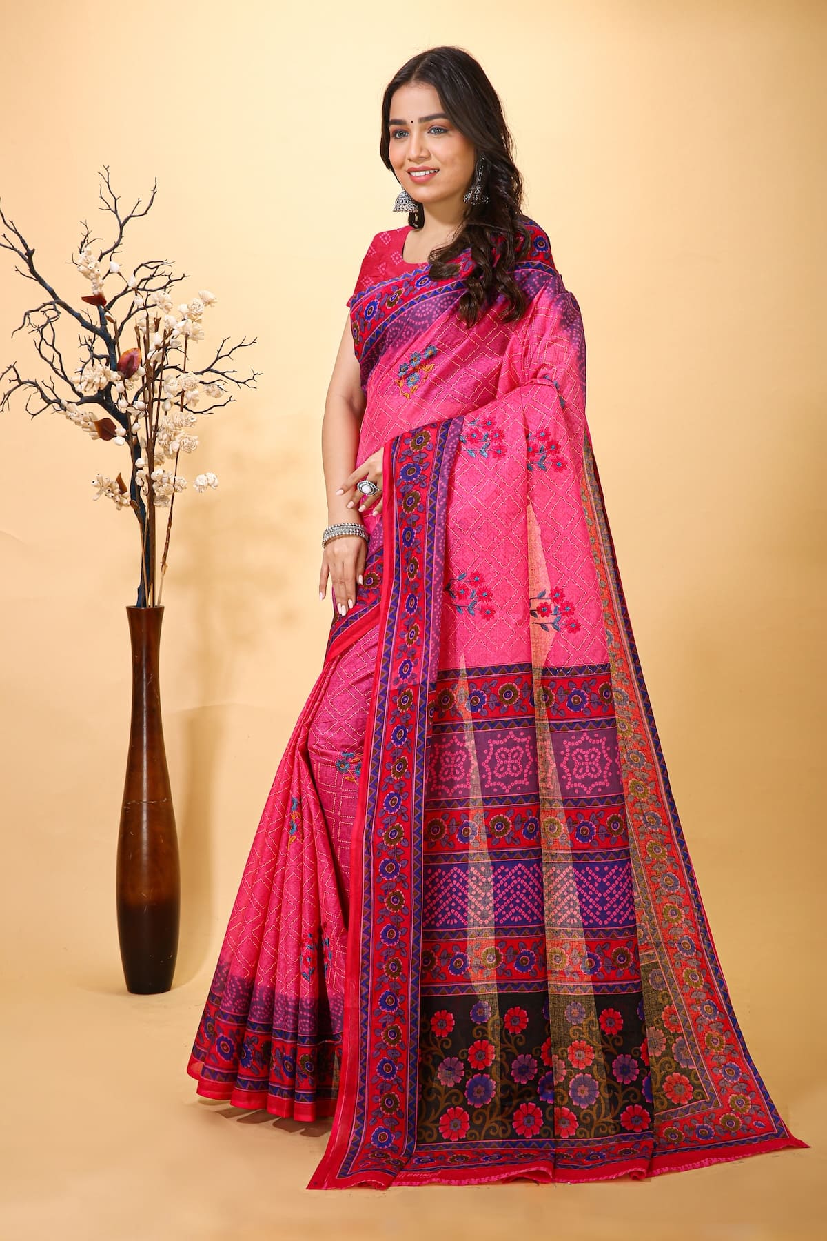 Suman - Pink Cotton Flower Print Saree