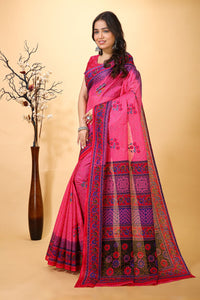 Suman - Pink Cotton Flower Print Saree