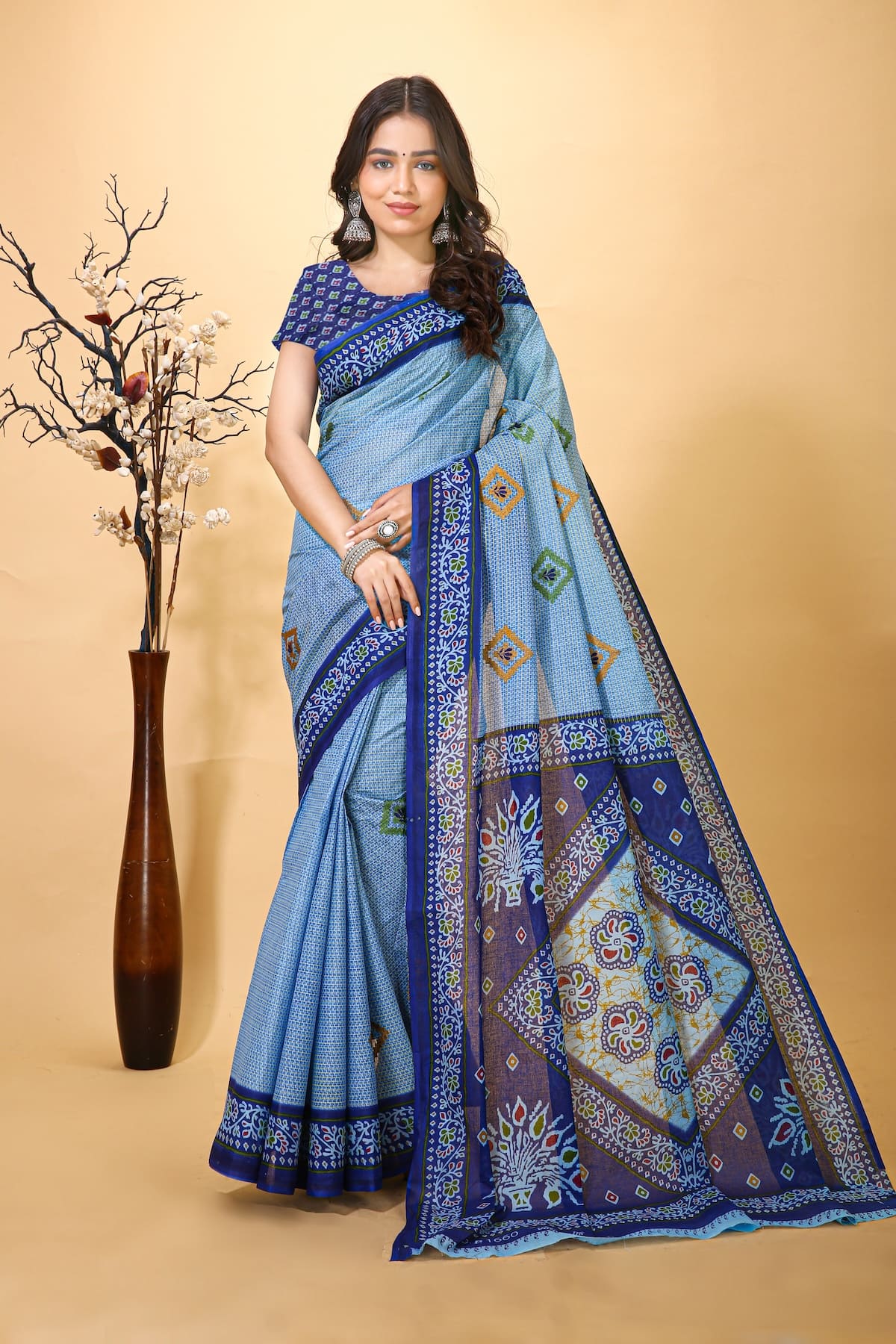 Prabha - Blue Cotton Printed Saree