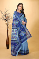 Prabha - Blue Cotton Printed Saree