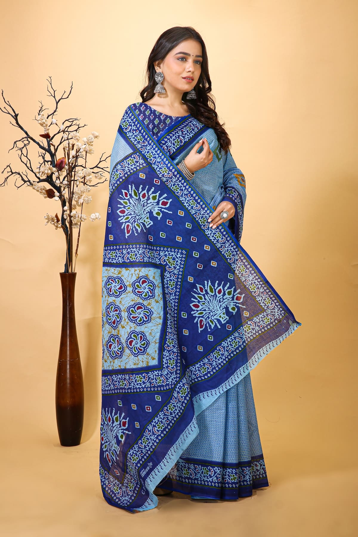 Prabha - Blue Cotton Printed Saree