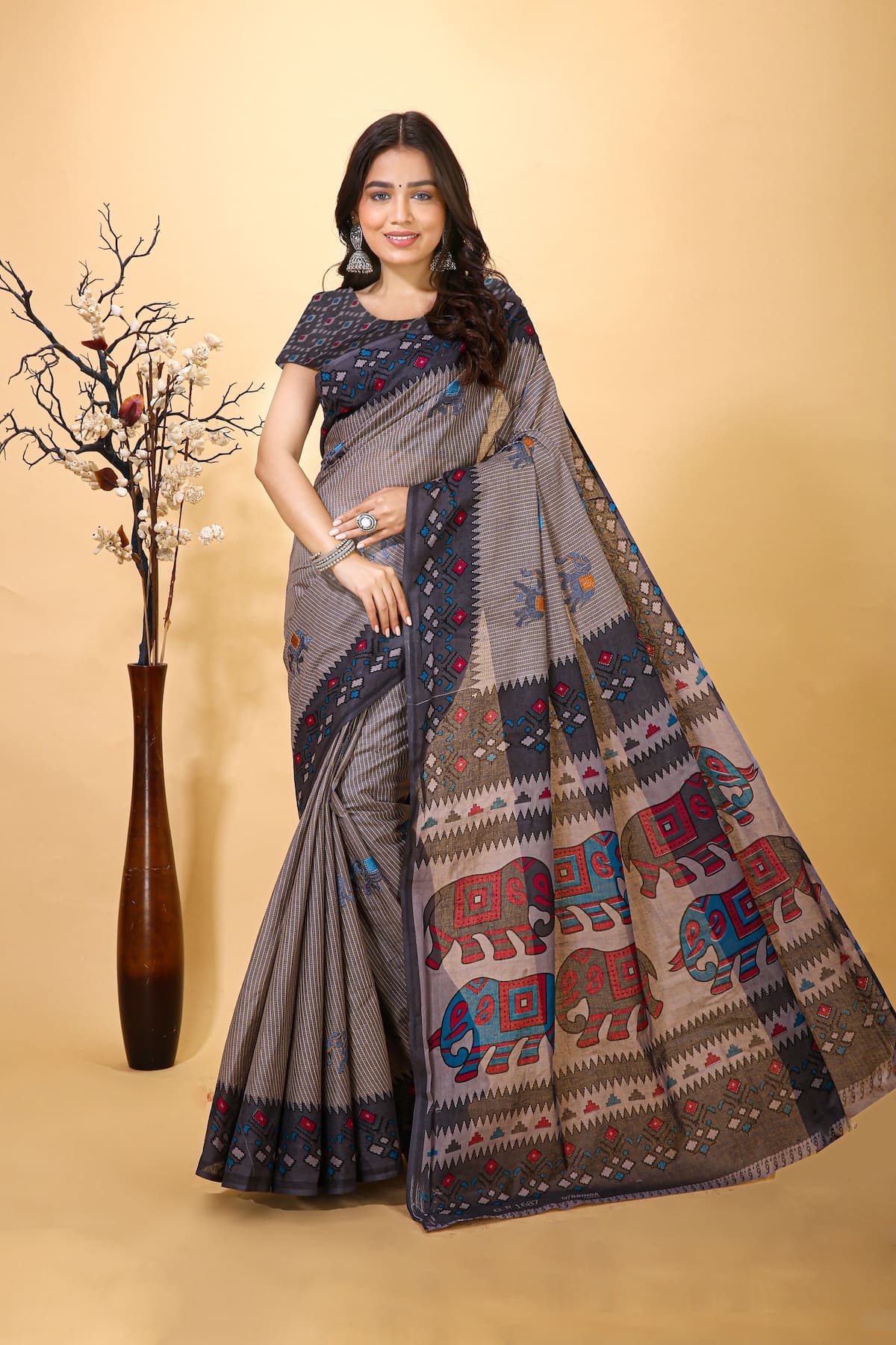 Kanan -  Grey Cotton Elephant Print Saree