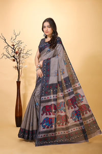 Kanan -  Grey Cotton Elephant Print Saree