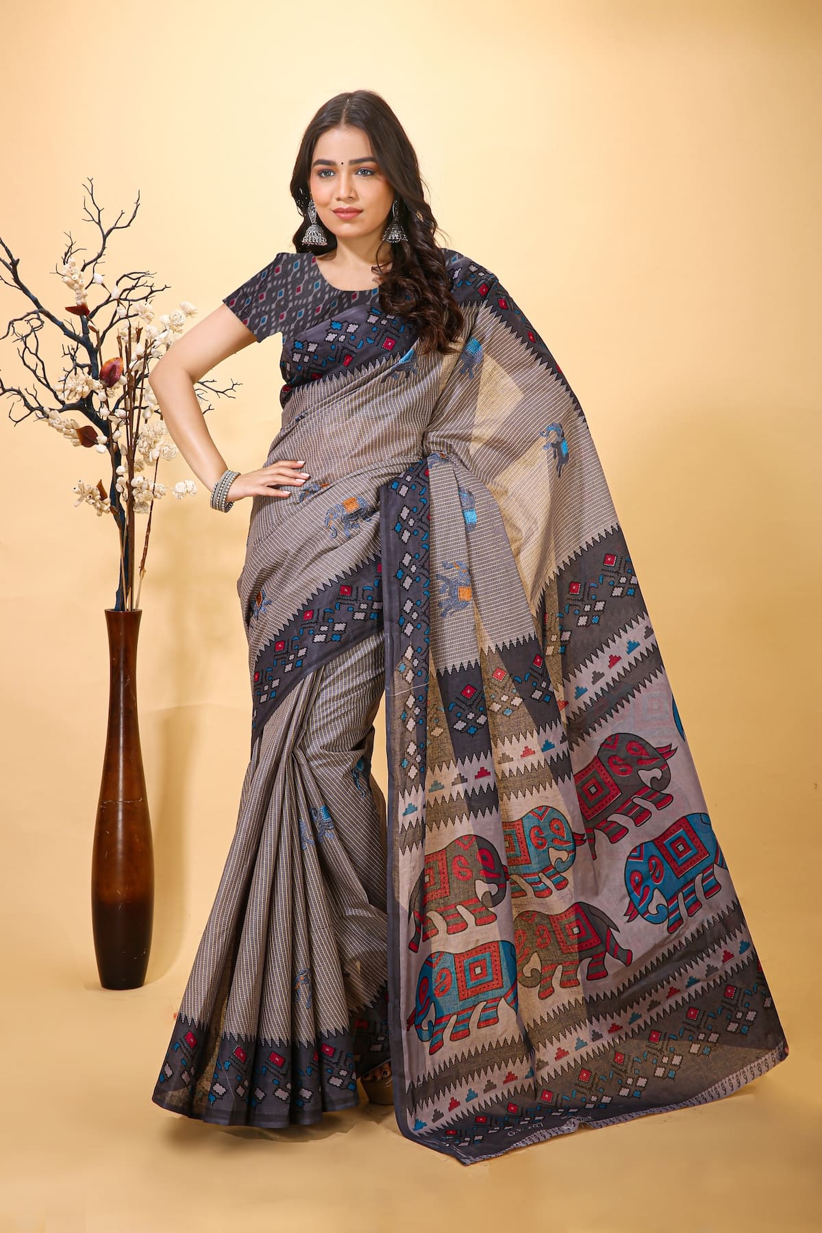 Kanan -  Grey Cotton Elephant Print Saree