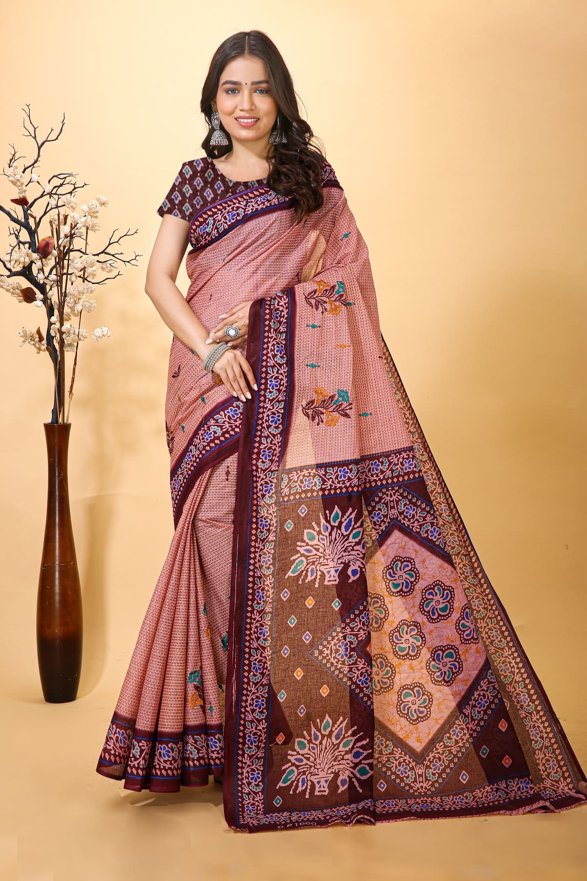 Prabha - Pink Cotton Printed Saree