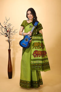 Kanan - Green Cotton Leaf Print Saree