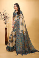 Resham - Blue Cream Art Silk Printed Saree