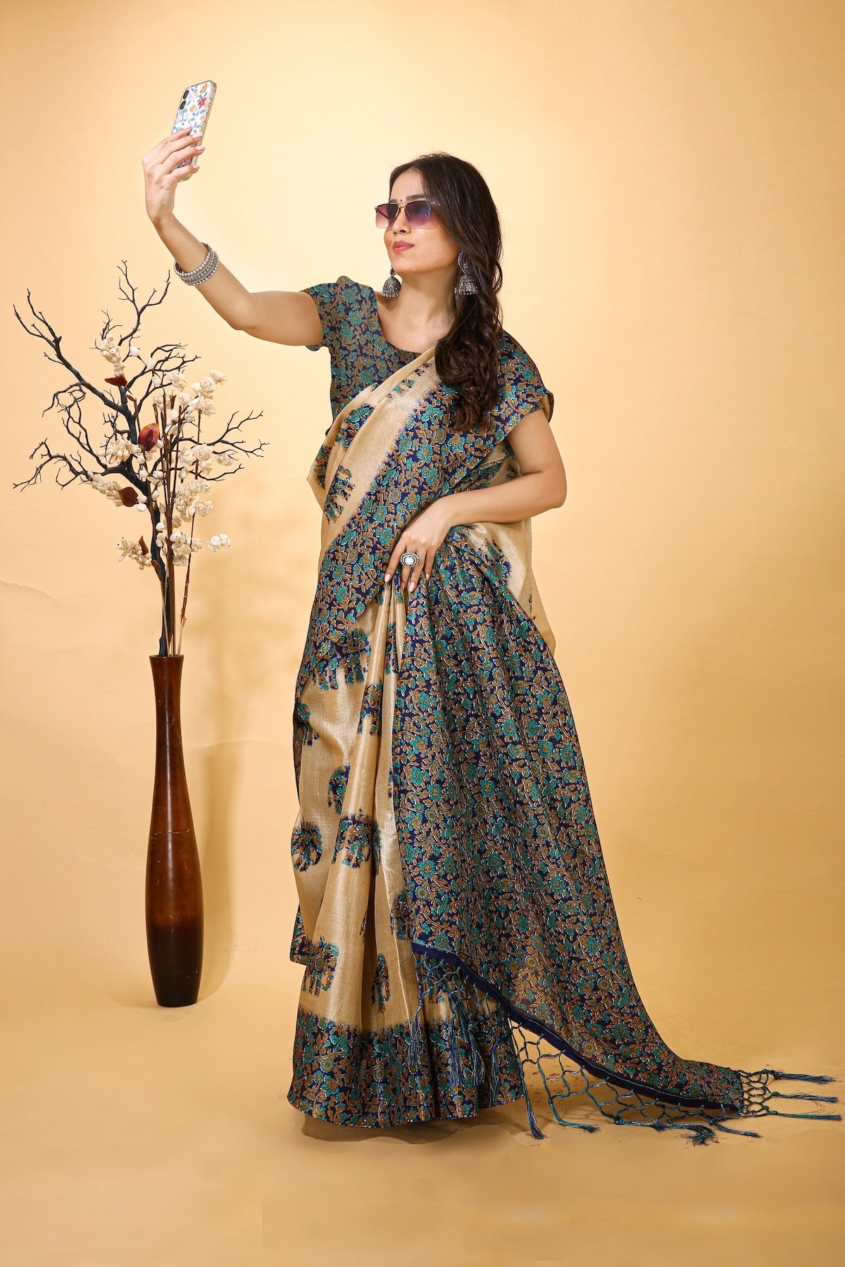 Resham - Blue Cream Art Silk Printed Saree