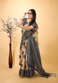 Resham - Blue Cream Art Silk Printed Saree